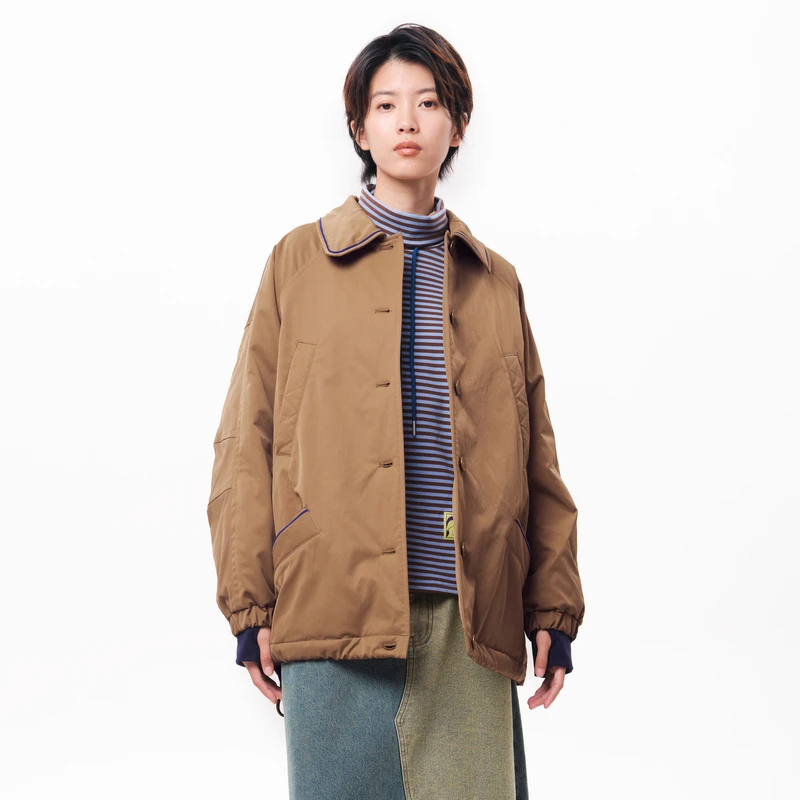 MOVEUP幻走2025冬季新款.FUN 翻领绣花线中长款棉外套3EWD20919