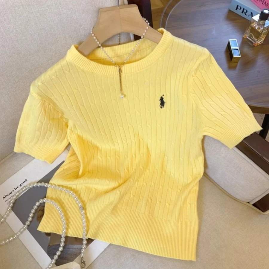 B513#韩版复古刺绣小马短袖t恤女2025夏薄款针织衫修身正肩小上衣