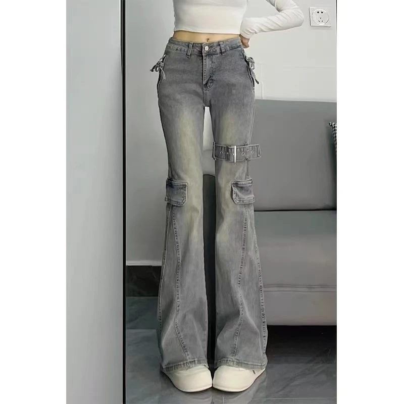 设计感皮带拼接工装微喇牛仔裤女春秋2025新款高腰修身显瘦马蹄裤