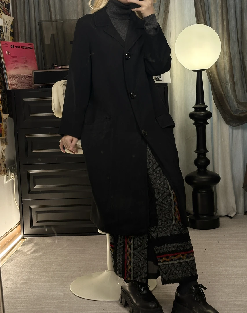 毛呢外套风衣时尚休闲黑色连帽中长款加厚设计师秋冬