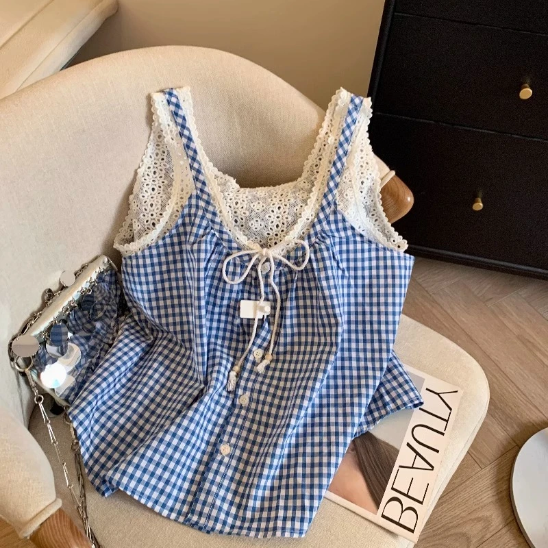 假两件蓝色格子吊带背心女夏无袖多巴胺泰式外穿法式内搭娃娃上衣