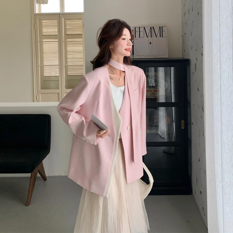 松弛感飘带西装外套女2025春秋新款韩系慵懒风可盐可甜氛围感西服