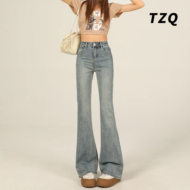 2025夏季新款浅蓝美式微喇牛仔裤女高腰修身马蹄喇叭裤TZQ121747