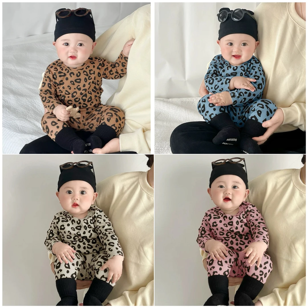 秋新款儿童韩版豹纹弹力家居服男女宝宝睡衣高腰护肚保暖两件套装