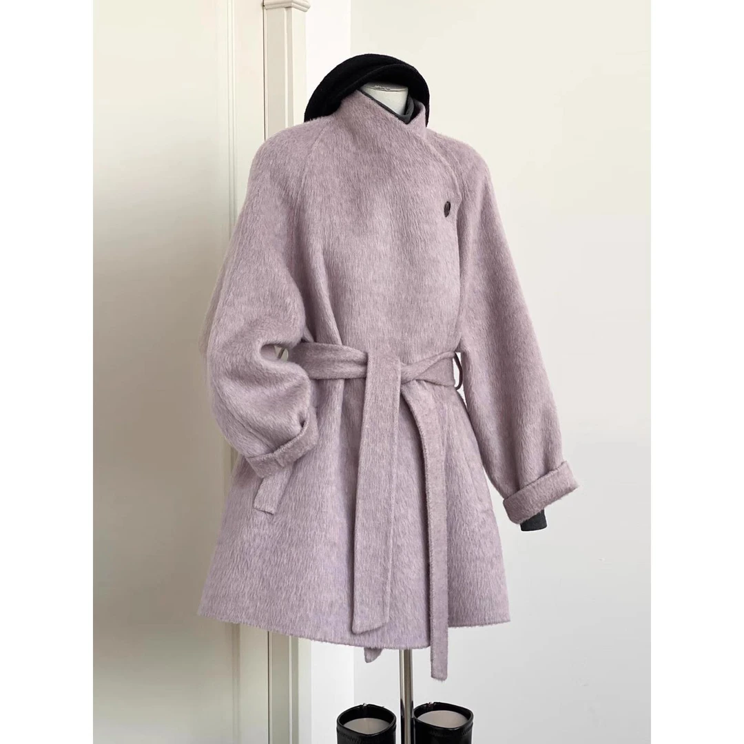 2025秋冬季新款高级感小个子赫本风中长款紫色羊毛呢子大衣外套女