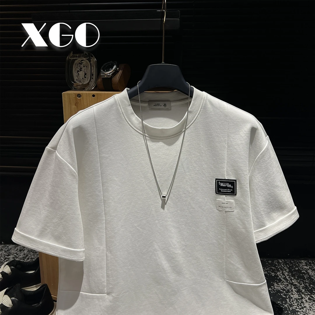 【XGORAD】夏季重磅简约拼接设计绣标潮流T恤冰感棉微阔圆领短袖男