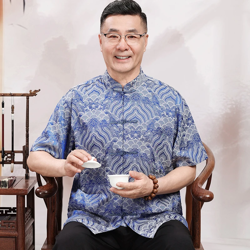 中老年人中国风父亲夏季短袖爸爸装唐装男款爷爷衣服冰丝中式套装