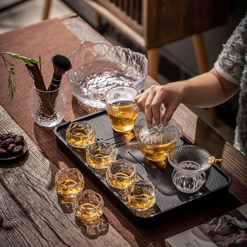 莲花盖碗茶杯冰川纹玻璃功夫茶具新款家用冰冻烧泡茶公道杯盖碗杯