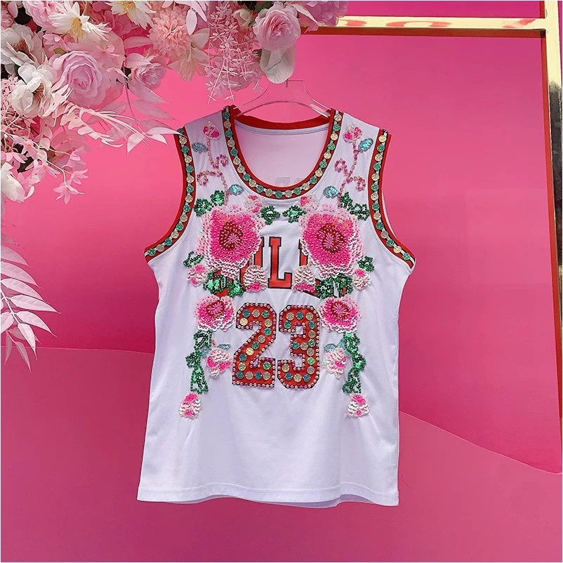 A2273欧美设计师2025夏季新款重工彩色钉珠刺绣立体花朵休闲背心
