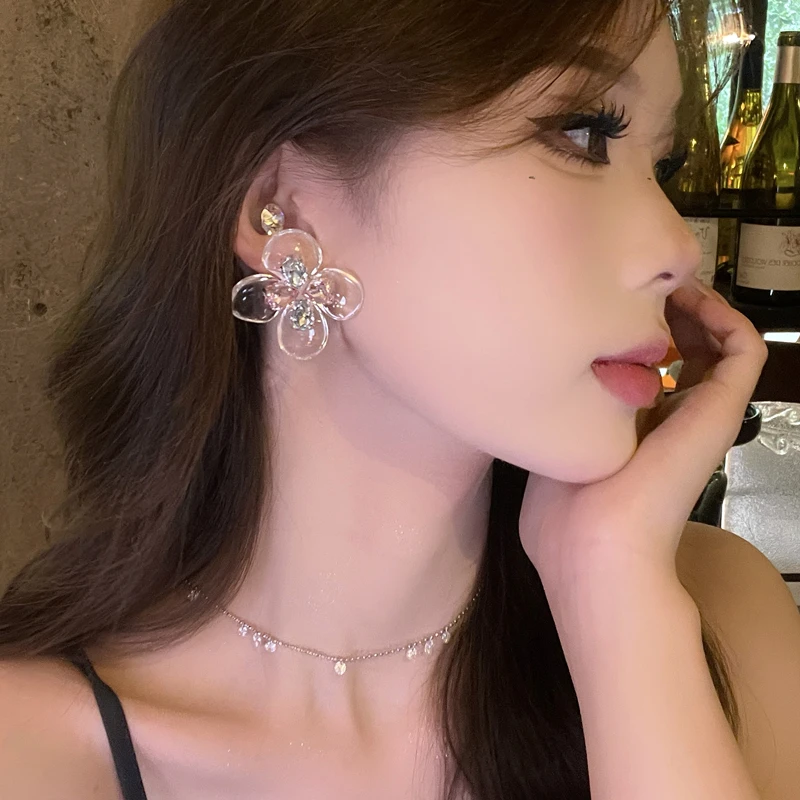 非金属合成锆石耳饰 甜美温柔仙气清透花朵耳环小清新度假风耳饰