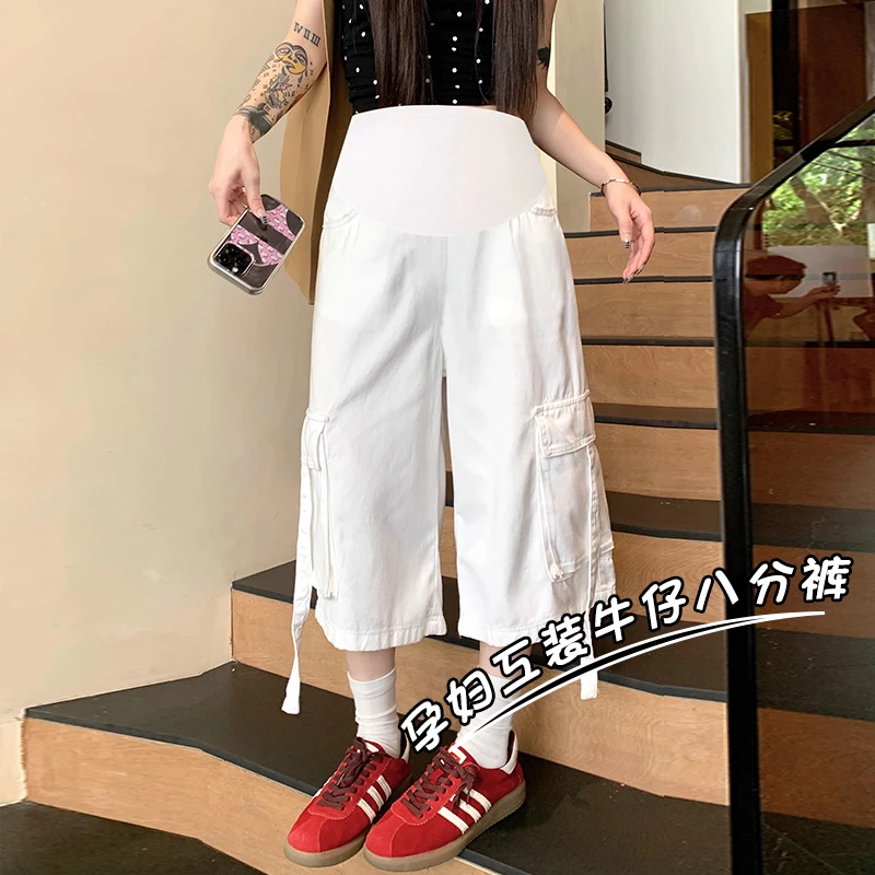 孕妇装牛仔七分裤夏季外穿宽松白色高腰阔腿裤2025新款牛仔直筒裤