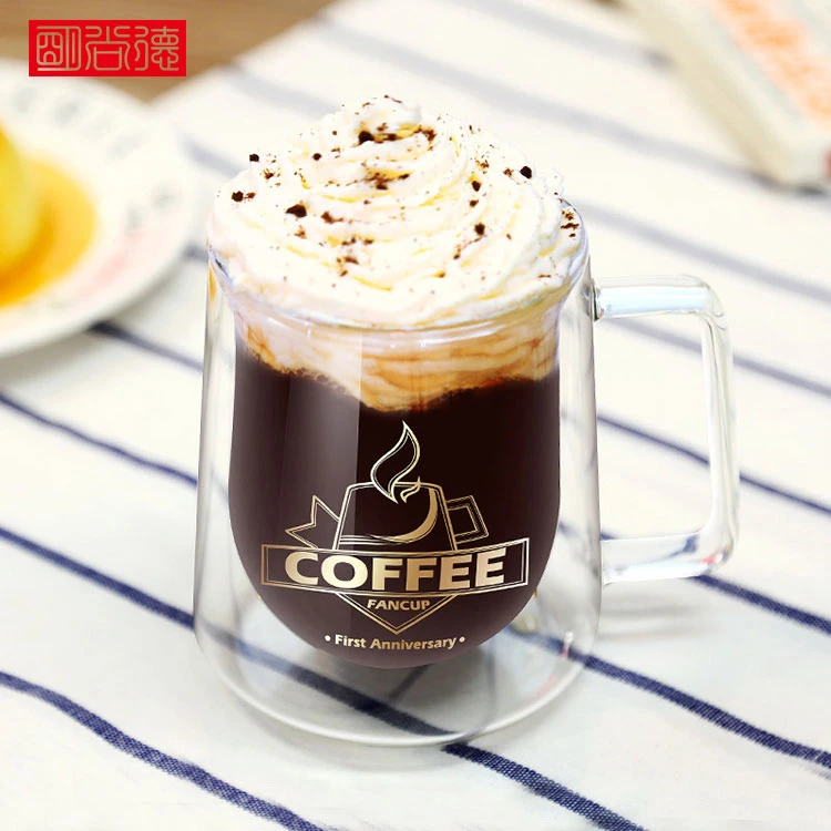 N7190双层方克杯咖啡杯透明家用大容量学生加厚防烫喝水杯