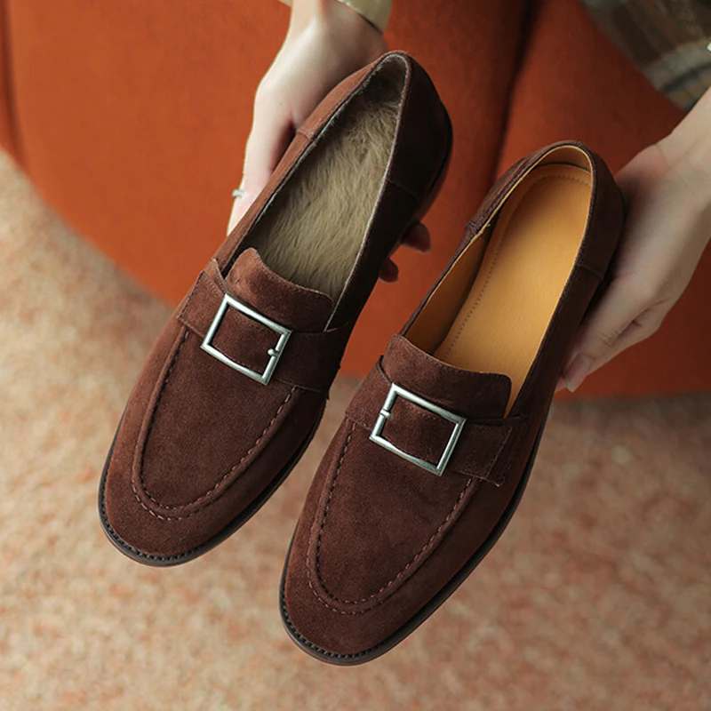 真皮新款皮带扣英伦风复古深口乐福鞋女百搭中粗跟加绒保暖单鞋子