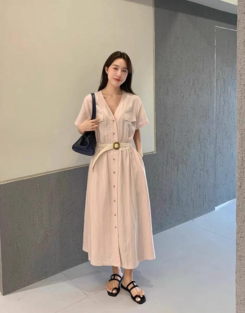领单排扣收腰气质中长款衬衫连衣裙洋气炸街女装