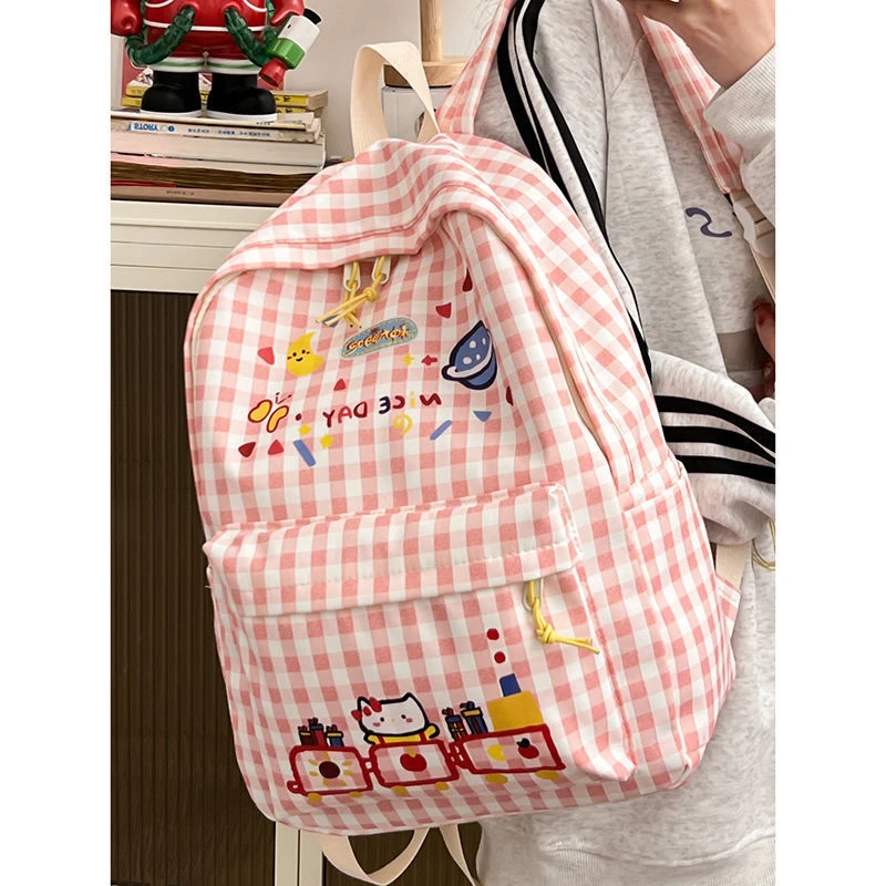 原创Kitty格子书包可爱甜美小众背包初高中学生简约百搭双肩包