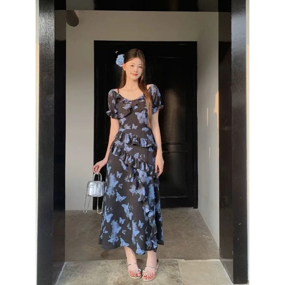 【隐蝶】大码女装胖mm法式印花短袖连衣裙显瘦气质时尚夏季百搭休闲