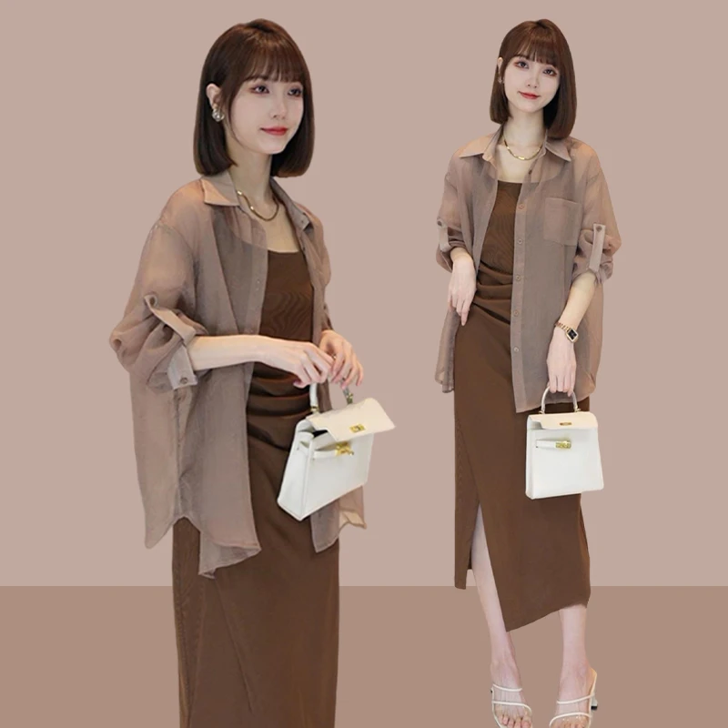 夏装搭配一整套温婉大方衣服防晒长袖衬衫褶皱开叉吊带裙两件套潮