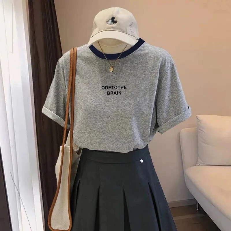 2025新款正肩拼色短袖t恤女小众设计感洋气印花上衣打底衫春夏季