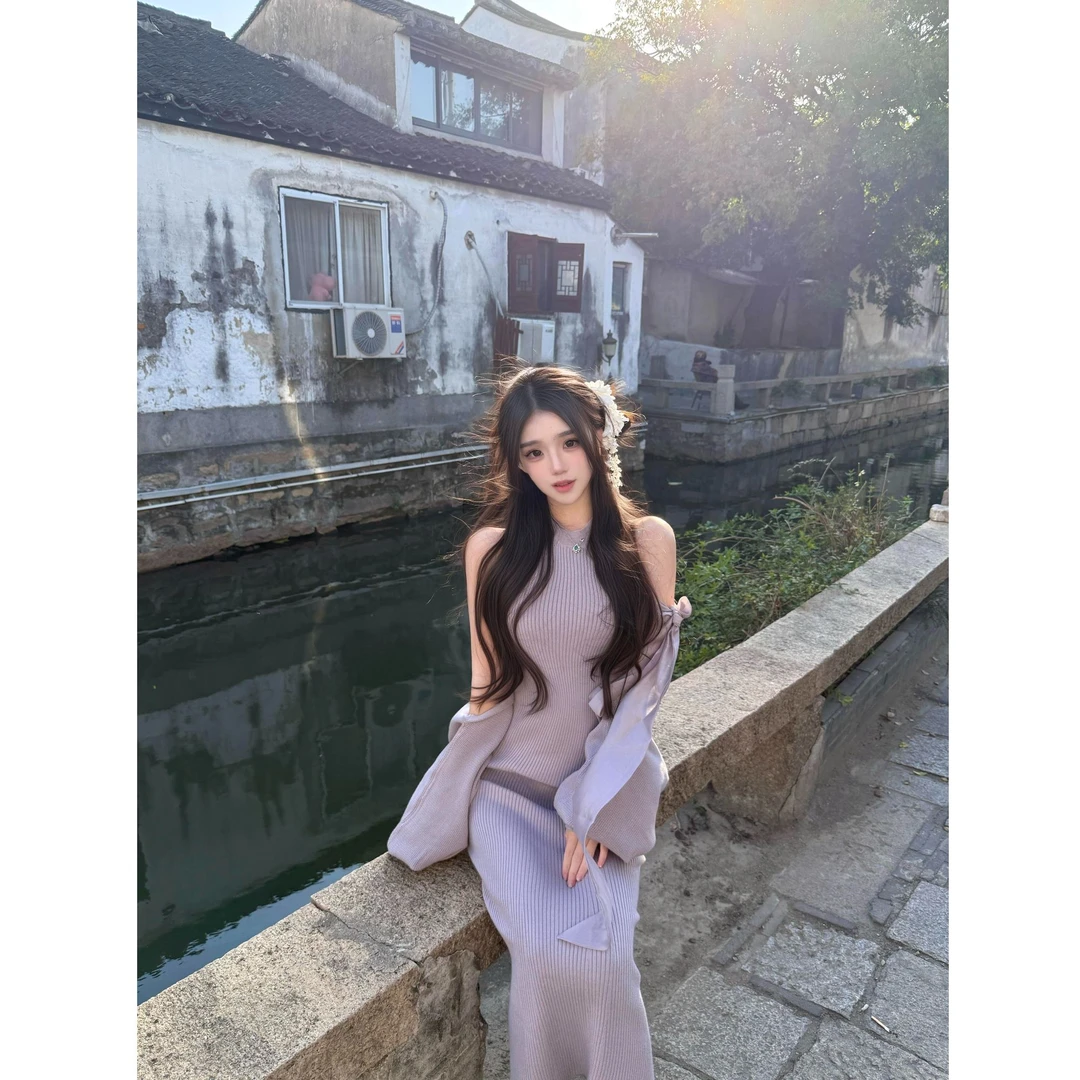 御姐紫色针织连衣裙女2025秋冬新款内搭包臀长裙时尚气质高级裙子