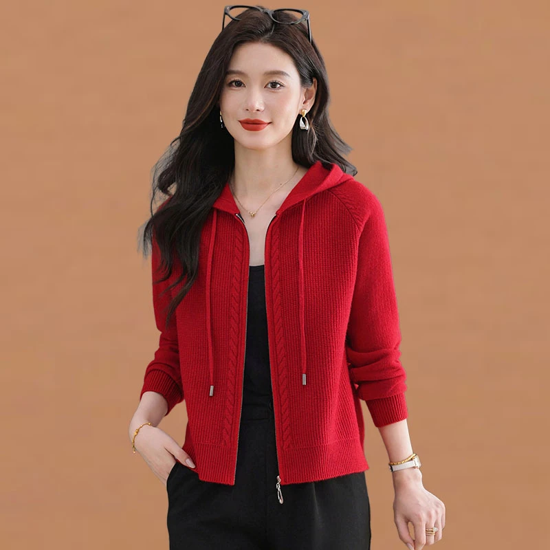 2025春秋新款连帽针织开衫女外搭卫衣小个子毛衣短外套上衣洋气