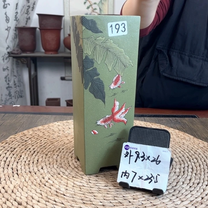 紫砂花盆超精品果绿金玉满堂手绘签筒193