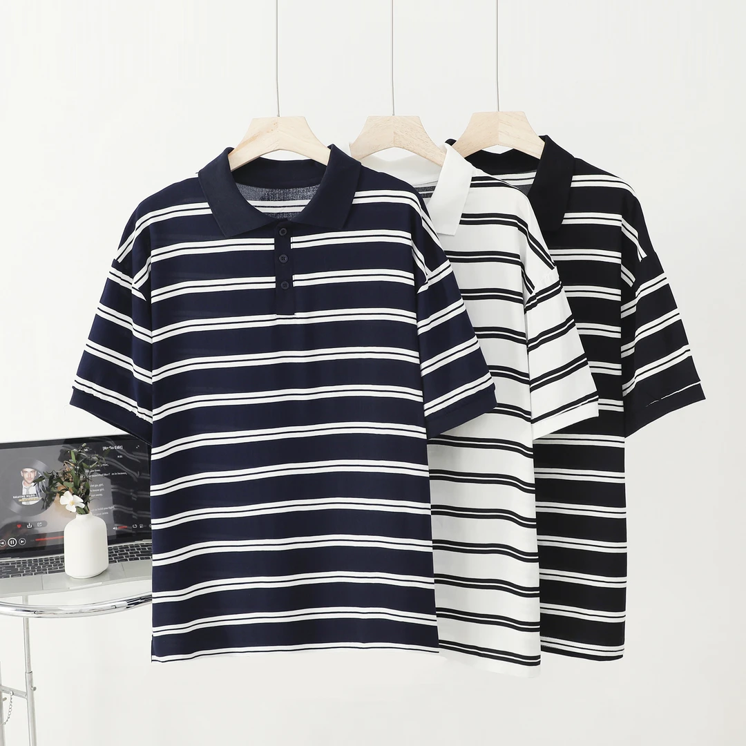 木禾家-（POlO领棉绸）男生夏季高品人造棉条纹上衣 609