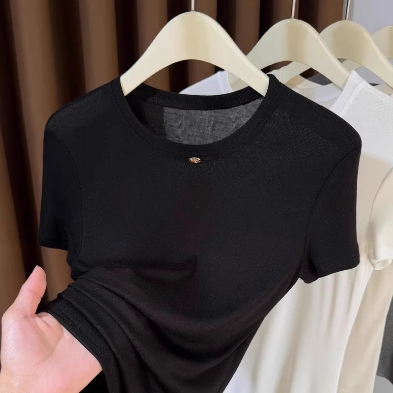 芯娇晴黑色小圆领薄款针织t恤女短袖2025新款冰丝内搭打底衫上衣