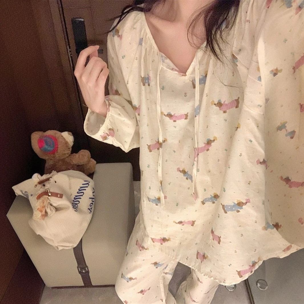 套头小狗长袖新款ins少女睡衣女2025年春秋季慵懒家居服