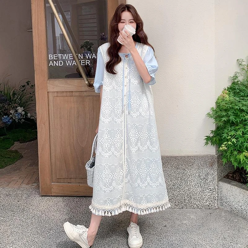 通勤女装高级感套装镂空罩衫连衣裙2025新款法式叠穿长裙子两件套