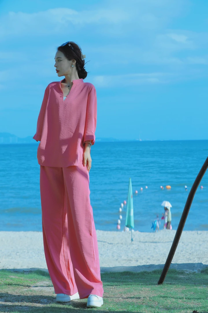 夏季御姐慵懒老钱亚麻风减龄宽松显瘦罩衫+阔腿裤气质两件套装