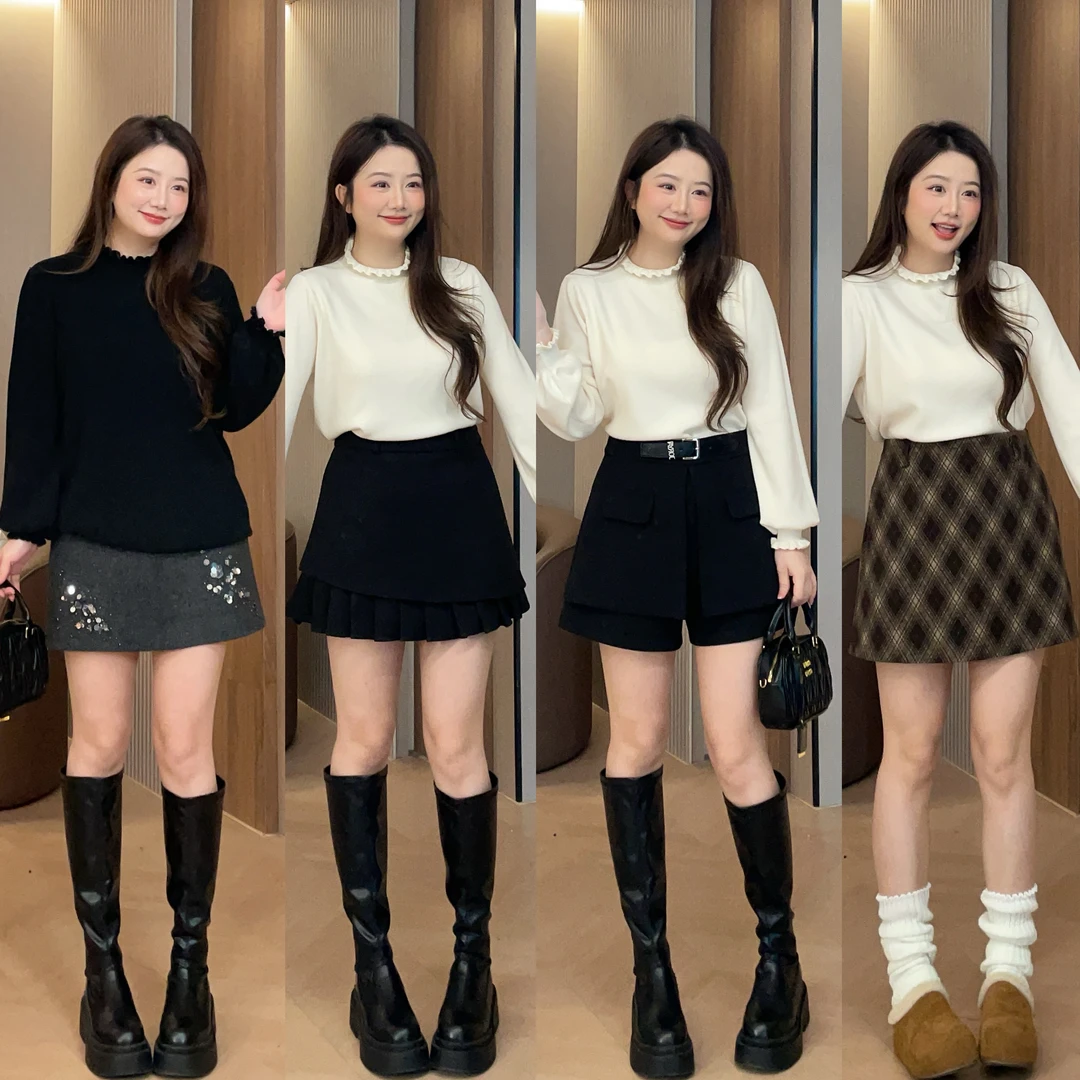 大萌萌 秋冬百搭半高领针织打底衫微胖显瘦内搭套装女P225X21910