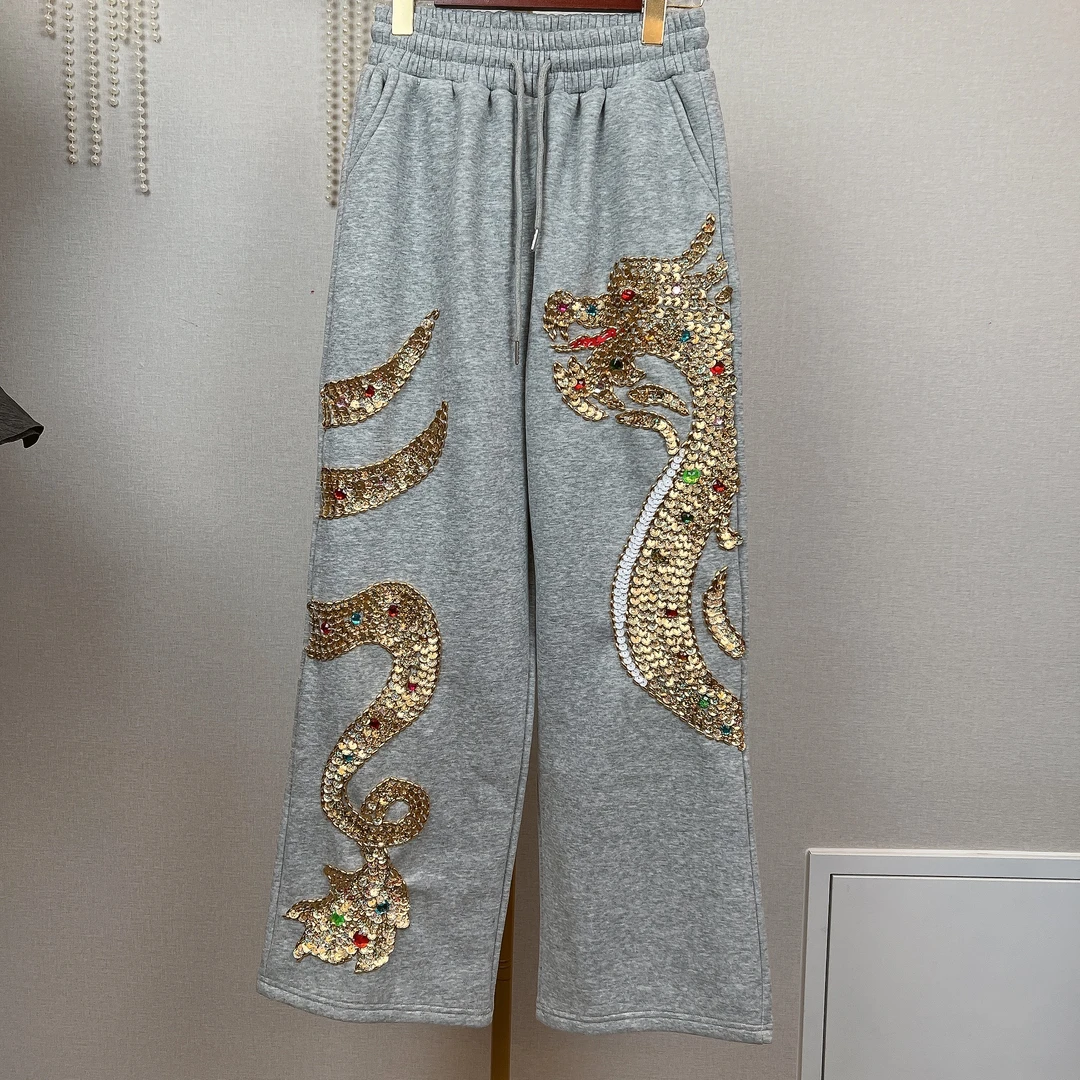 W1034锐宝潮牌休闲裤松紧收腰宽松版型灰色裤子女刺绣金龙图案