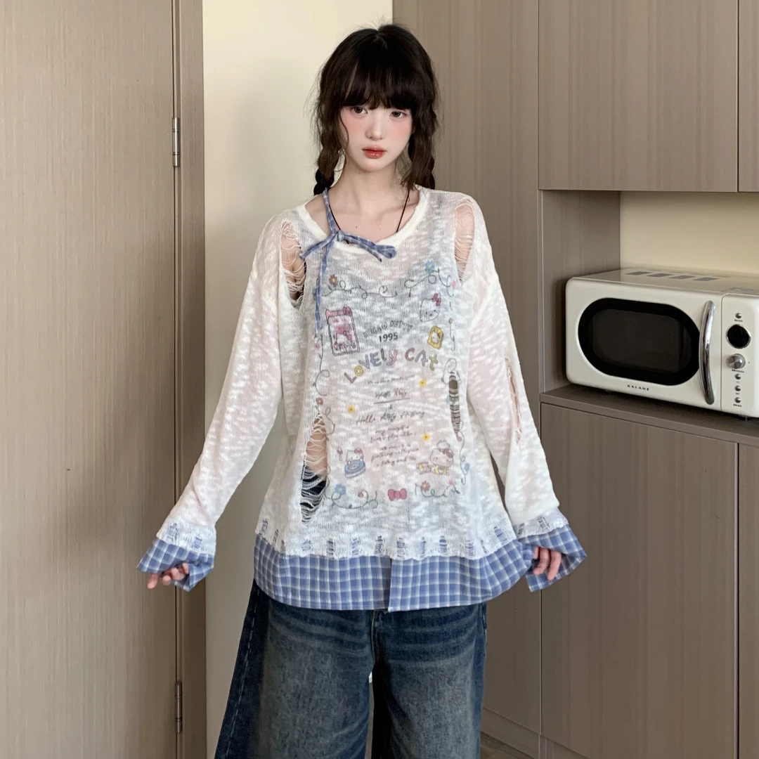 EZEK美式辣妹风假两件KT猫印花针织衫女春夏宽松长袖罩衫上衣潮