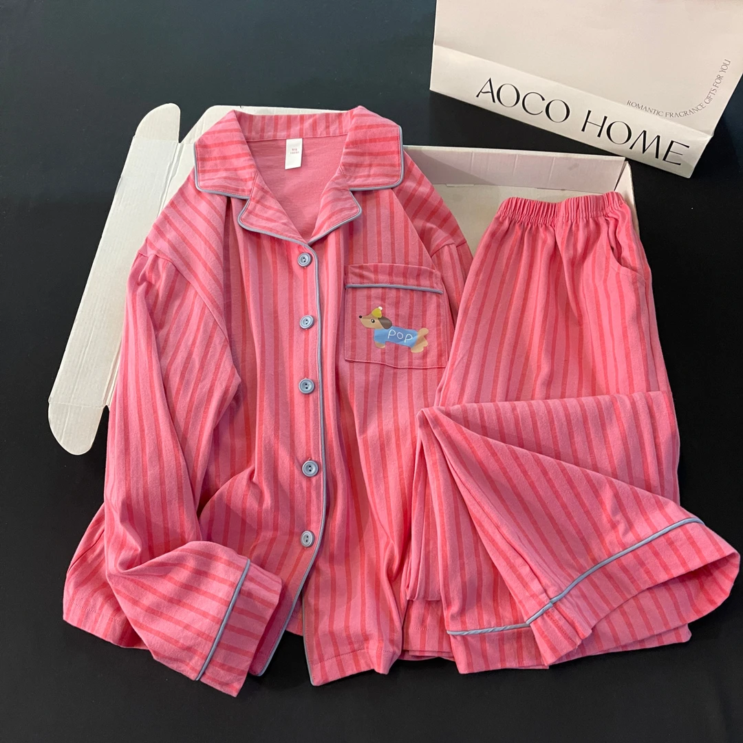 纯棉睡衣女春秋季长袖大码2025新款保暖家居服玫红小狗可外穿套装