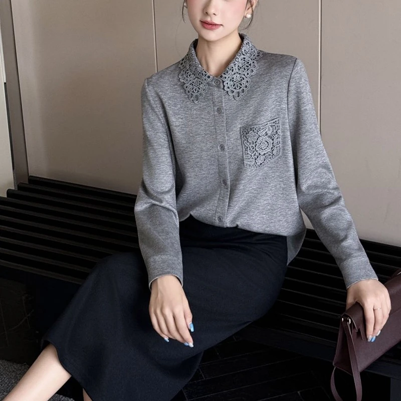加绒2025法式浪漫蕾丝花边衬衣翻领纯色长袖衬衫女