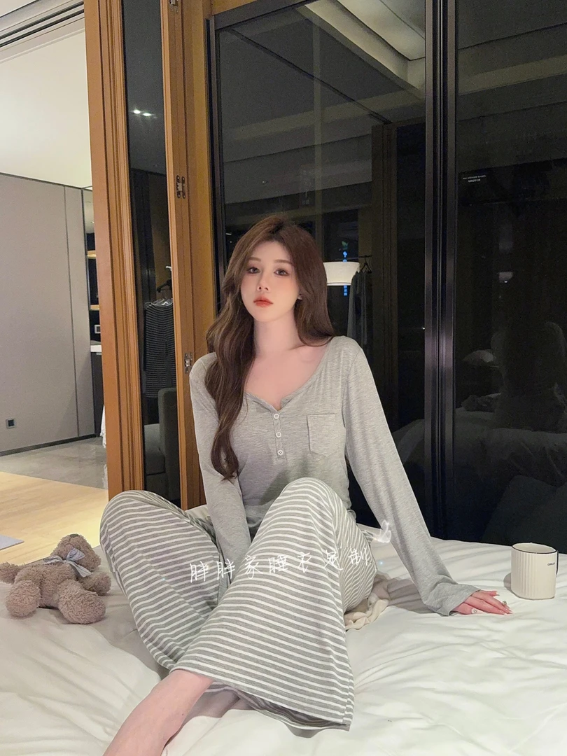【极简主义】春秋纯欲风睡衣女带胸垫代尔棉显瘦条纹长裤长袖家居服