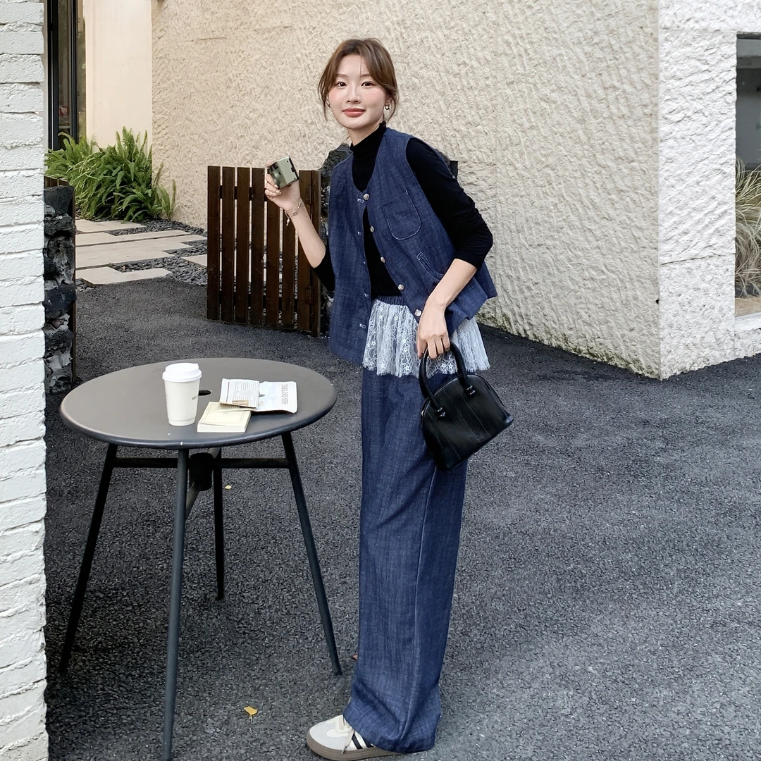 气质一整套ootd穿搭女复古蕾丝拼接牛仔马甲阔腿裤打底衫三件套