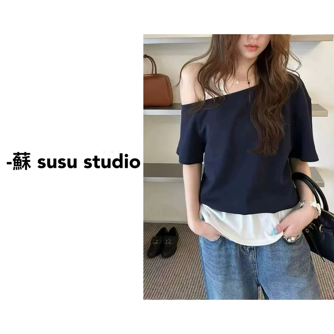 ZX6217设计感拼接假两件斜肩短袖T恤女2025夏季新款宽松洋气上衣