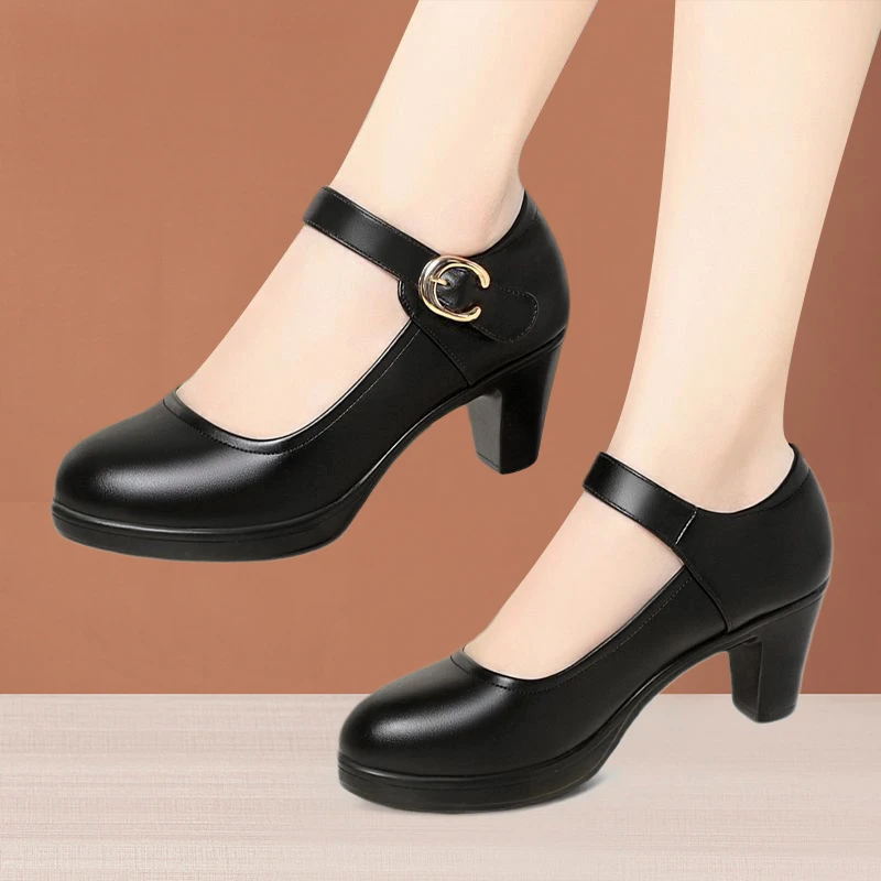 时尚圆头浅口皮鞋女旗袍模特走秀高跟鞋软底软皮舒适百搭妈舞台表