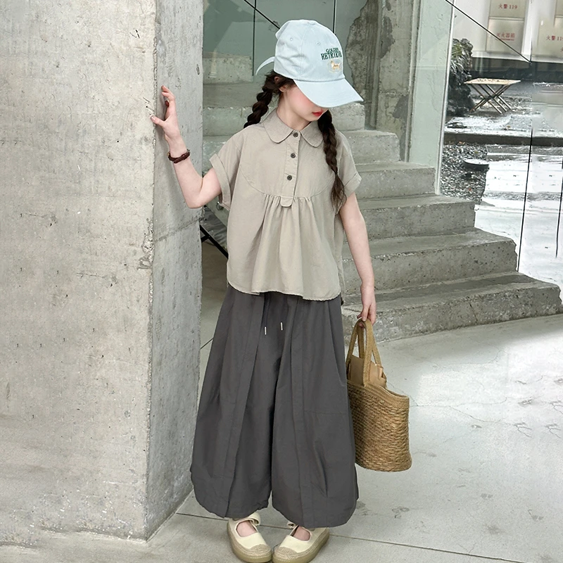 女童夏装时尚衬衫套装2025新款女大童洋气夏季裙裤韩版宽松两件套