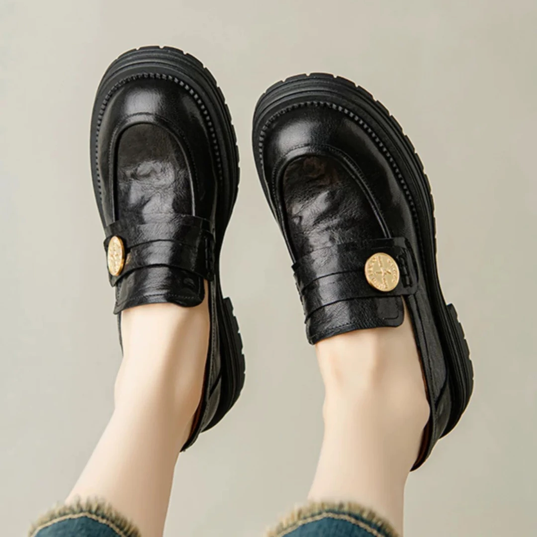 牛皮版~英伦风小皮鞋女厚底金币粗跟2025新款春秋冬百搭乐