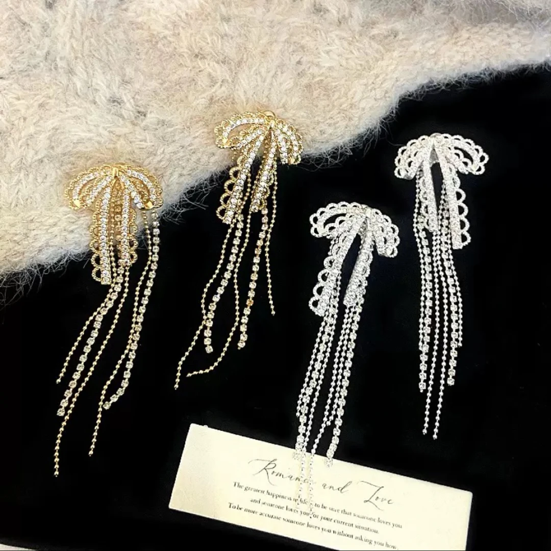 铜合金锆石耳饰 蝴蝶结流苏两戴耳环网红轻奢长款气质御姐百搭女