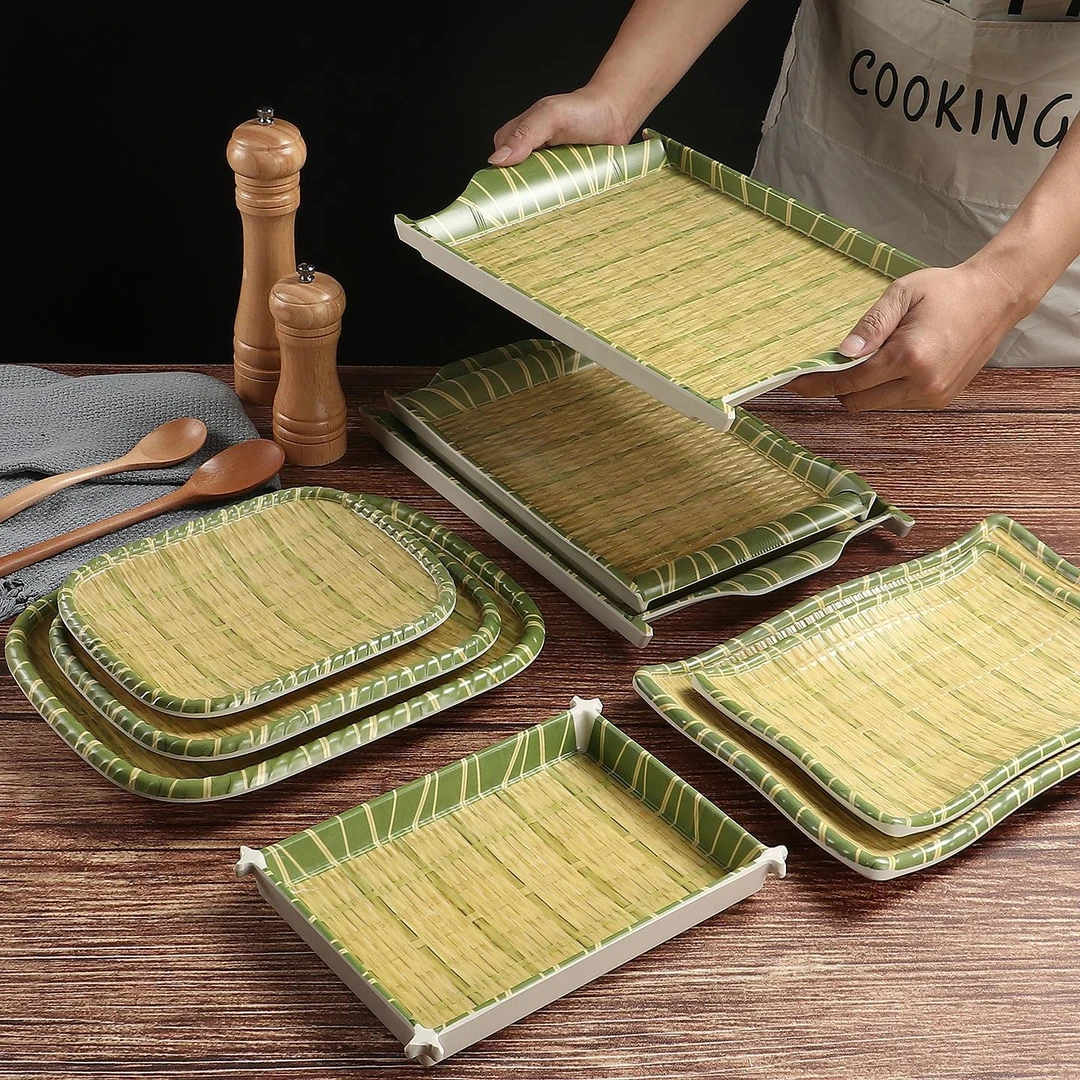 仿竹编密胺餐具烧烤烤串盘子商用托盘饭店小吃凉菜大排档炒菜盘子