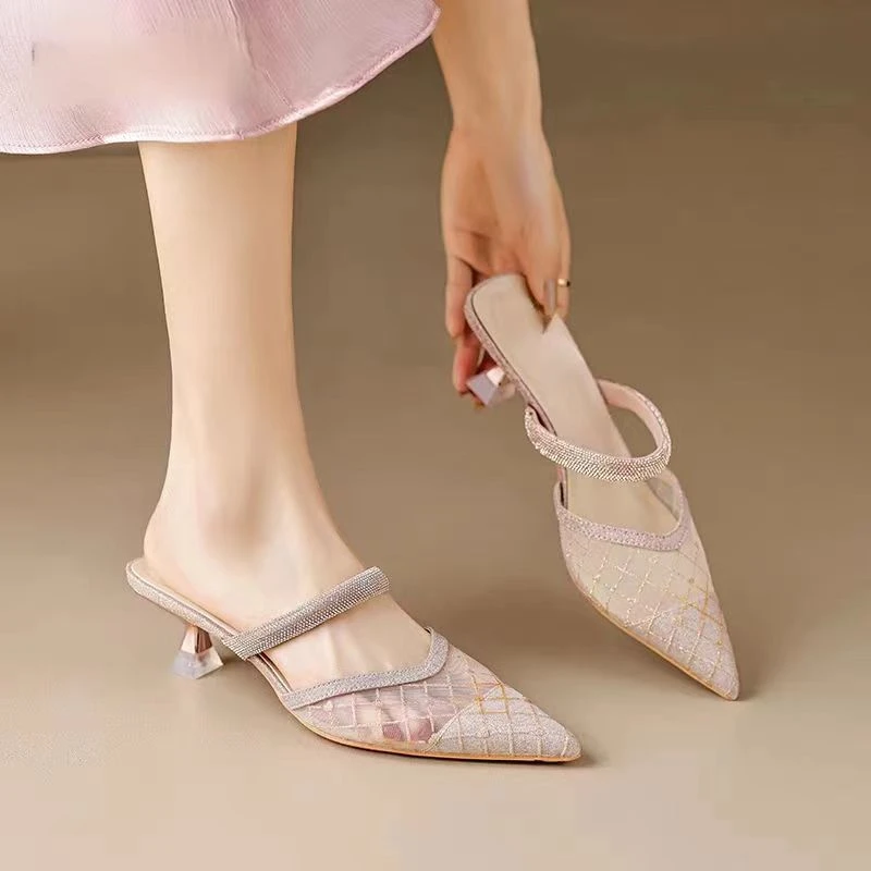 法式尖头细跟包头半拖鞋女2025春夏新款气质温柔风配裙高跟凉鞋女