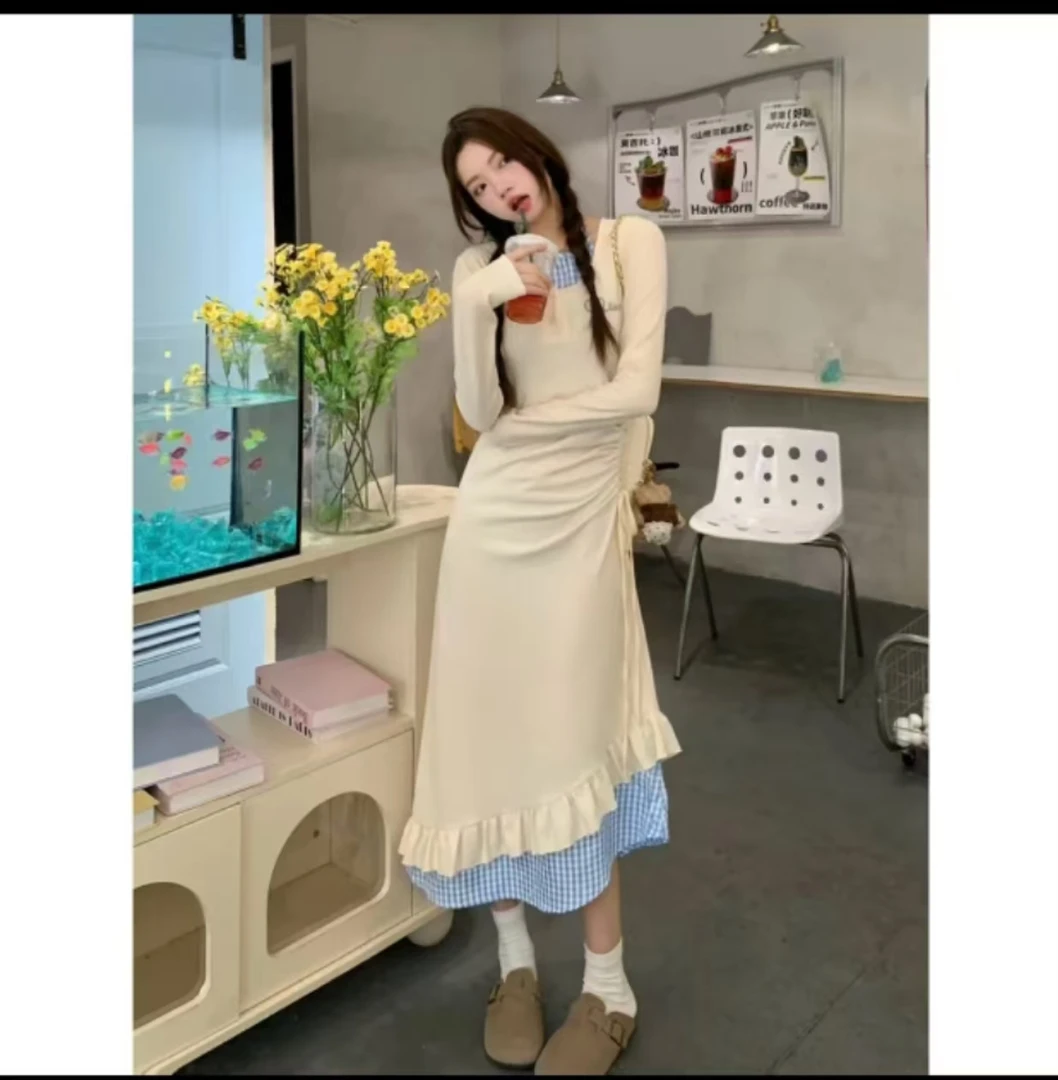 纯欲氛围不规则挂脖针织假两件修身显瘦连衣裙设计感包臀裙ins