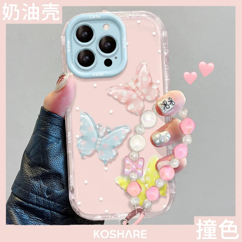 三只蝴蝶适用于苹果15透明iPhone16promax果冻奶油肤感手机壳