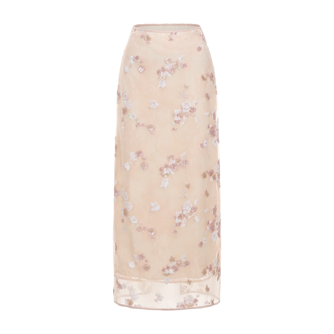 【甄选折扣】JUNYANG杨君 桃韵生香蕾丝中式直筒半裙