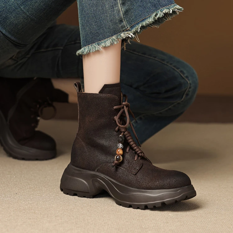 里外纯皮～牛皮5cm圆头复古中跟短靴厚底马丁靴秋冬新款粗跟时装靴