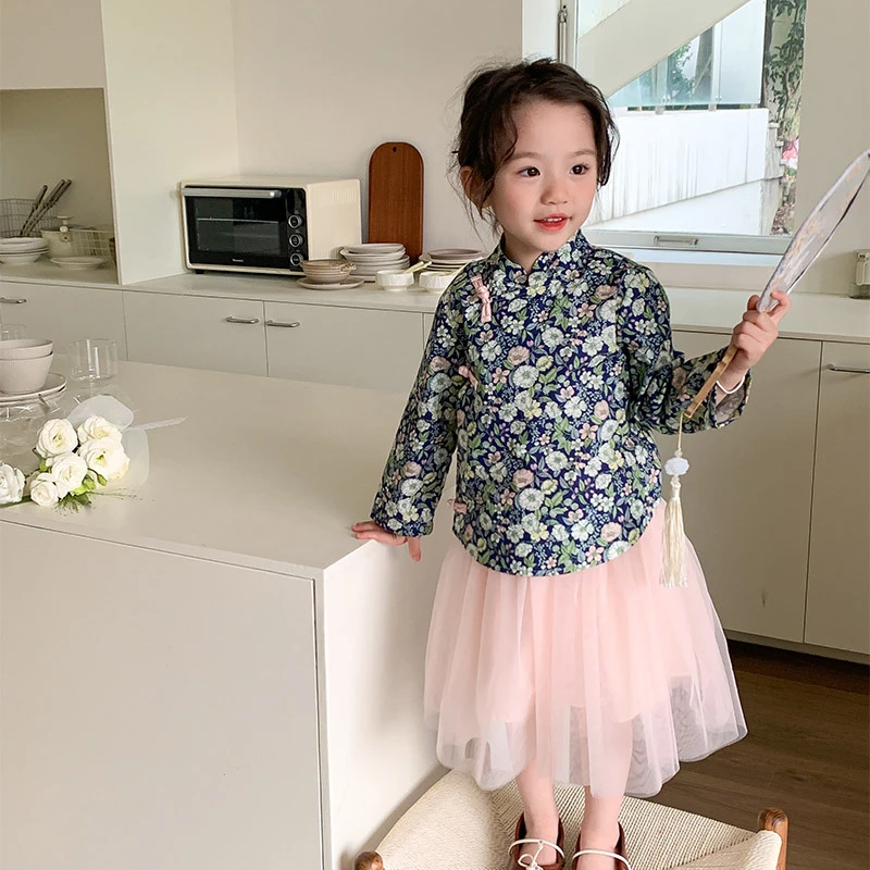 【橘子家】女童连衣裙子儿童国风汉服网纱公主裙两件套HS51067