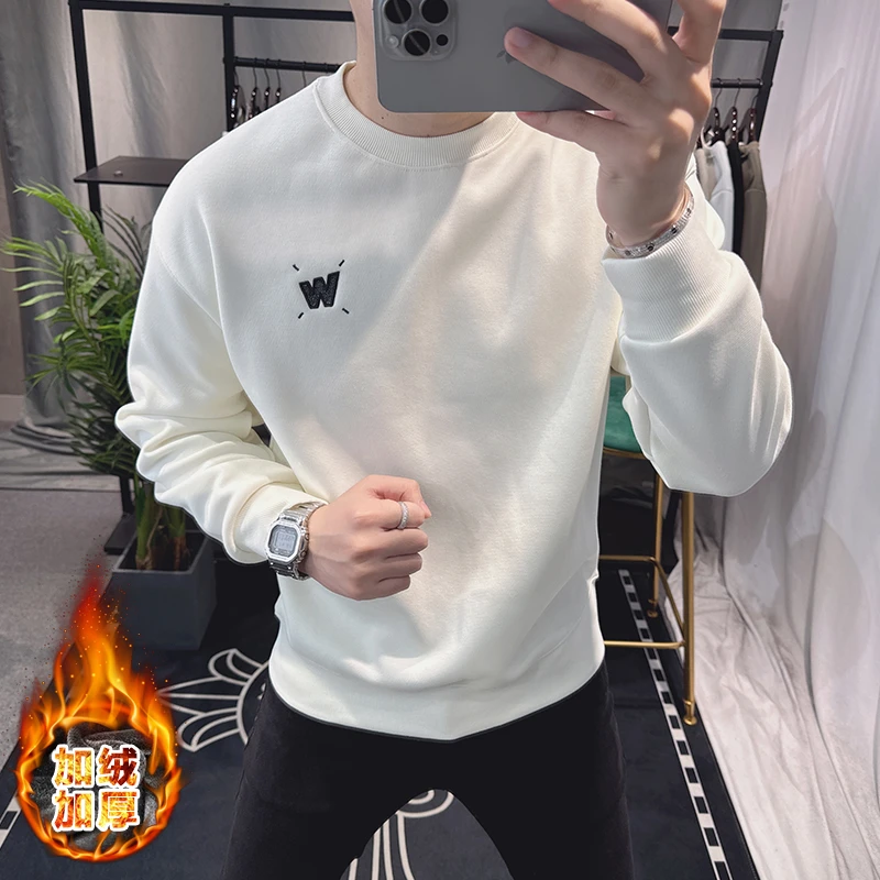 欧洲站冬季休闲圆领卫衣男2025新款加绒潮牌字母时尚修身百搭内搭
